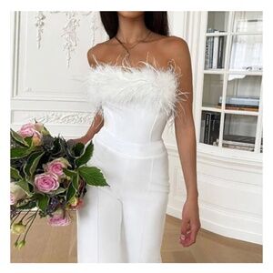 Auri Feathered Flared Jumpsuit (Size: Small, Color: White)